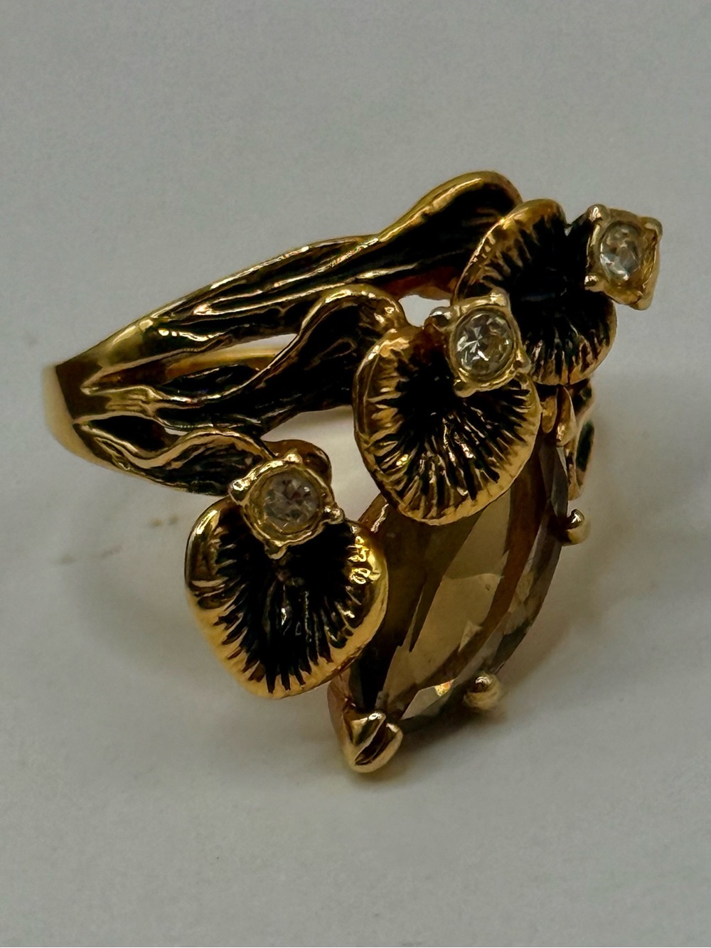 Vintage Womans Antique Smoked Topaz
Crystal Calla Lily Ring 18k Gold
Electroplat